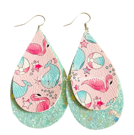 Flamingos & Whales Stacked Tear Drop Dangle Earrings