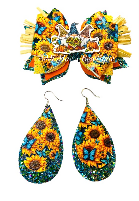 Sunflower Gnomes Fall  3.5” Bow & Earrings Set