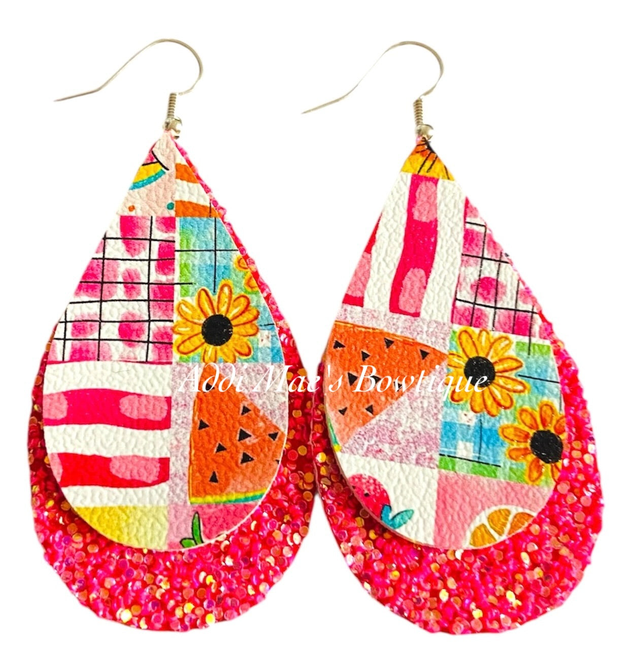 Bright Summer Watercolor Patchwork Stacked Tear Drop Dangle Earrings