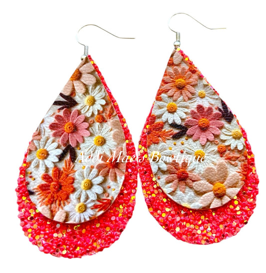Peachy Daisy Stacked Tear Drop Dangle Earrings