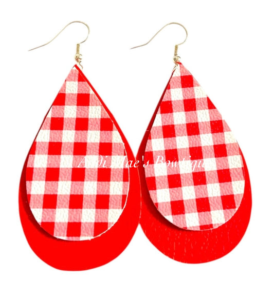 Red Gingham Stacked Tear Drop Earrings