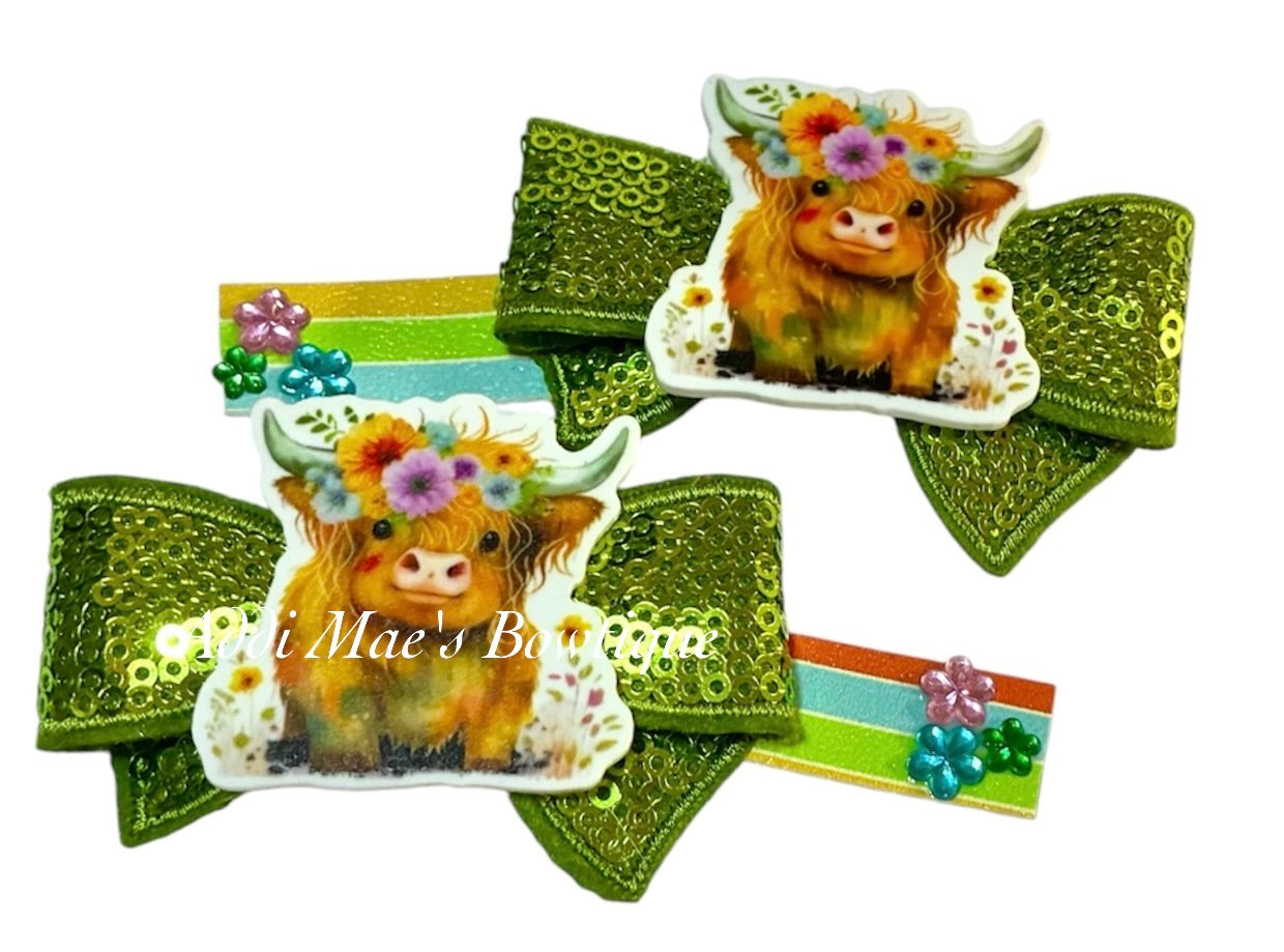 Highland Cow Sequin Bow Alligator Clip Set