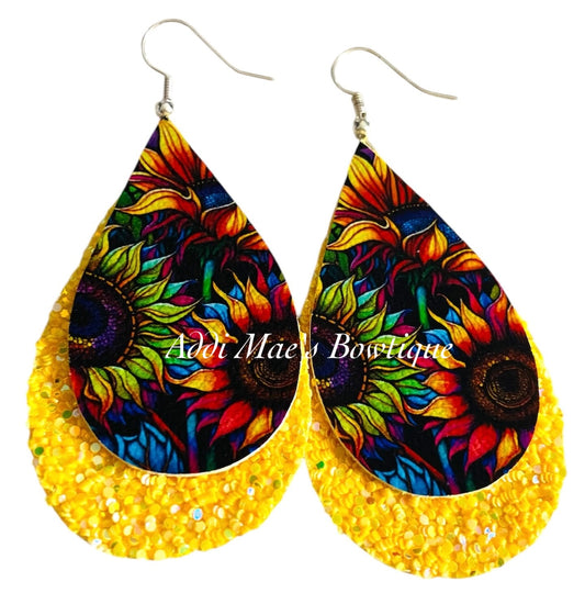Rainbow Sunflowers Stacked Tear Drop Dangle Earrings