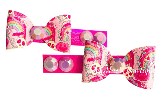 Pink Skull Rainbows Mini Bow Alligator Clip Set