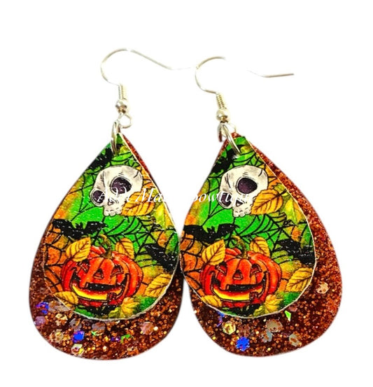 Pumpkins & Skulls Glitter Resin & Faux Leather Halloween Dangle Earrings