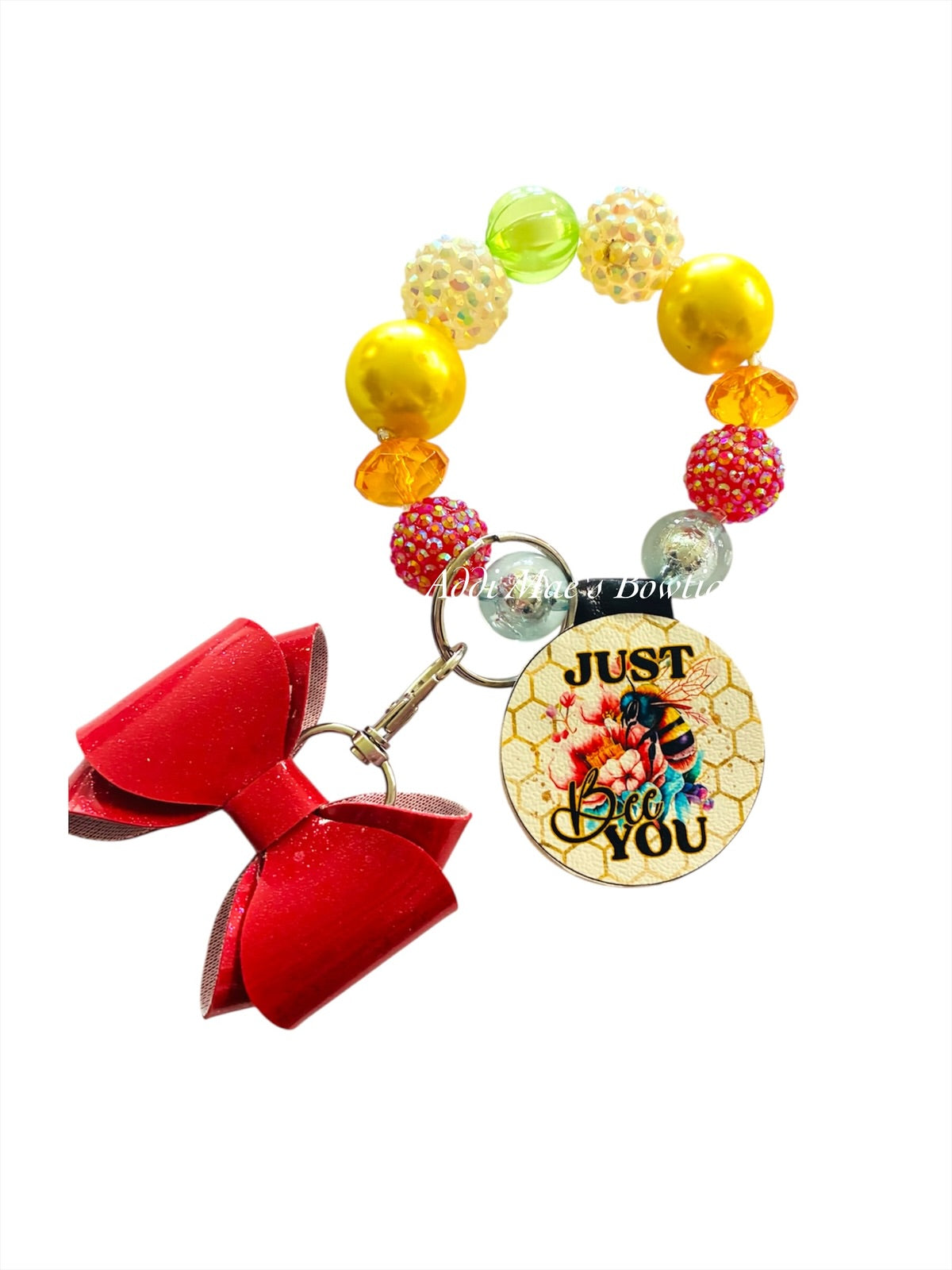 Just Bee You Bubble Gum Bead Wristlet Keychain With Removable Bow Clip