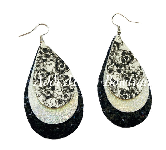 Skulls Stacked Tear Drop Dangle Earrings