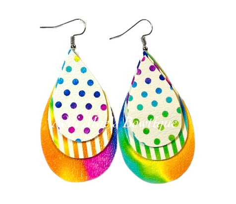 Bright Rainbow Ombre Dots Stripes Stacked Tear Drop Dangle Earrings
