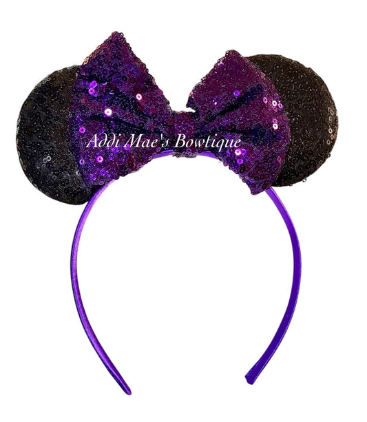Sequin Mouse Ears Purple Satin Headband