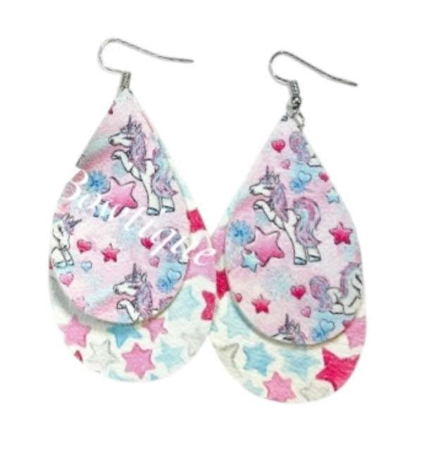 Winter Snowflake Unicorns Stacked Tear Drop Earrings
