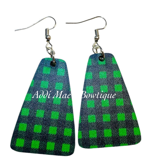 Green Buffalo Plaid Christmas Trapezoid Acrylic Dangle Earrings