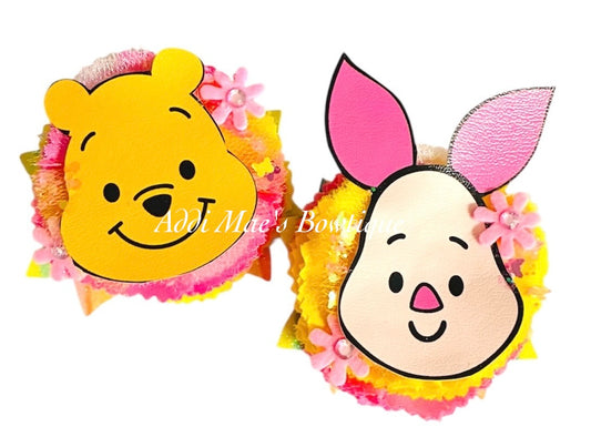 Yellow Bear & Pink Pig BFF Cotton Frayed Fabric Flower Piggy Set