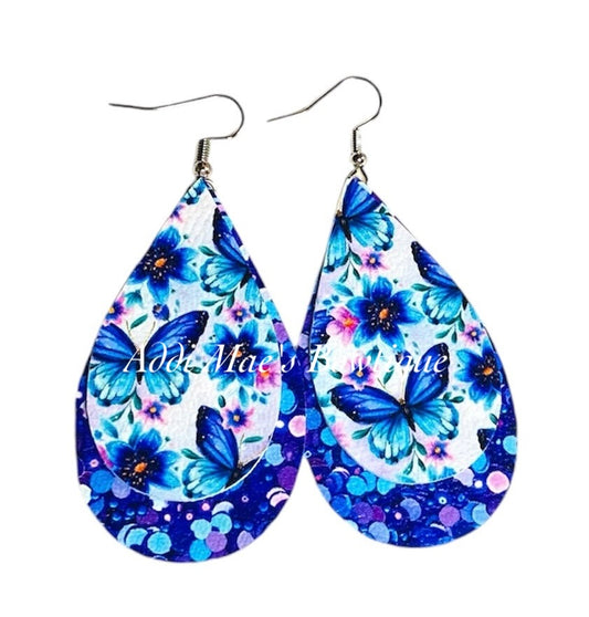 Blue Butterfly Sequin Stacked Tear Drop Dangle Earrings