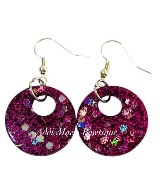 Purple Glitter Resin Small Circle Dangle Earrings