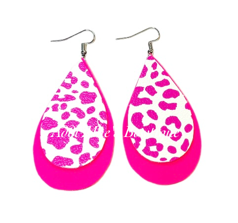 Pink Cheetah Print Stacked Tear Drop Dangle Earrings