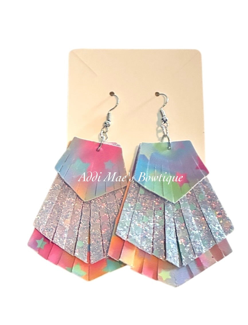 Rainbow Ombre Stars Stacked Fringe Dangle Earrings