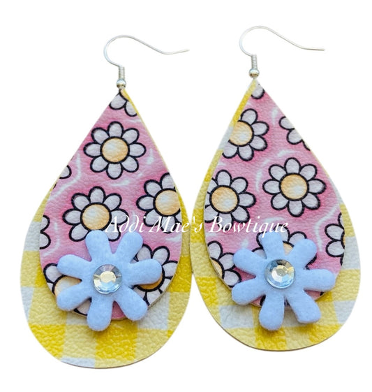 Puffy Daisy Stacked Tear Drop Dangle Earrings