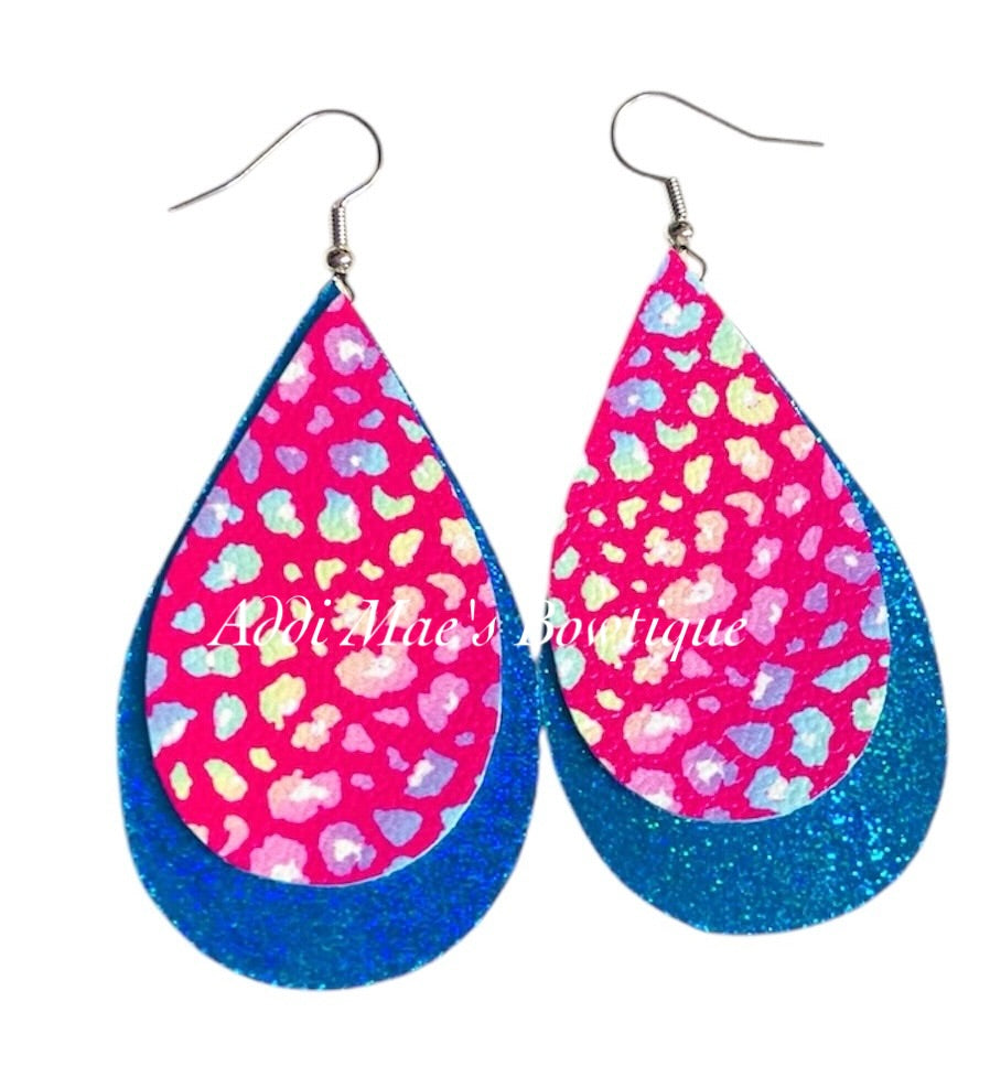 Pink Rainbow  Cheetah Holographic Stacked Tear Drop Dangle Earrings