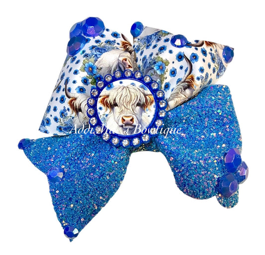 Blue Floral Highland Cow Bow