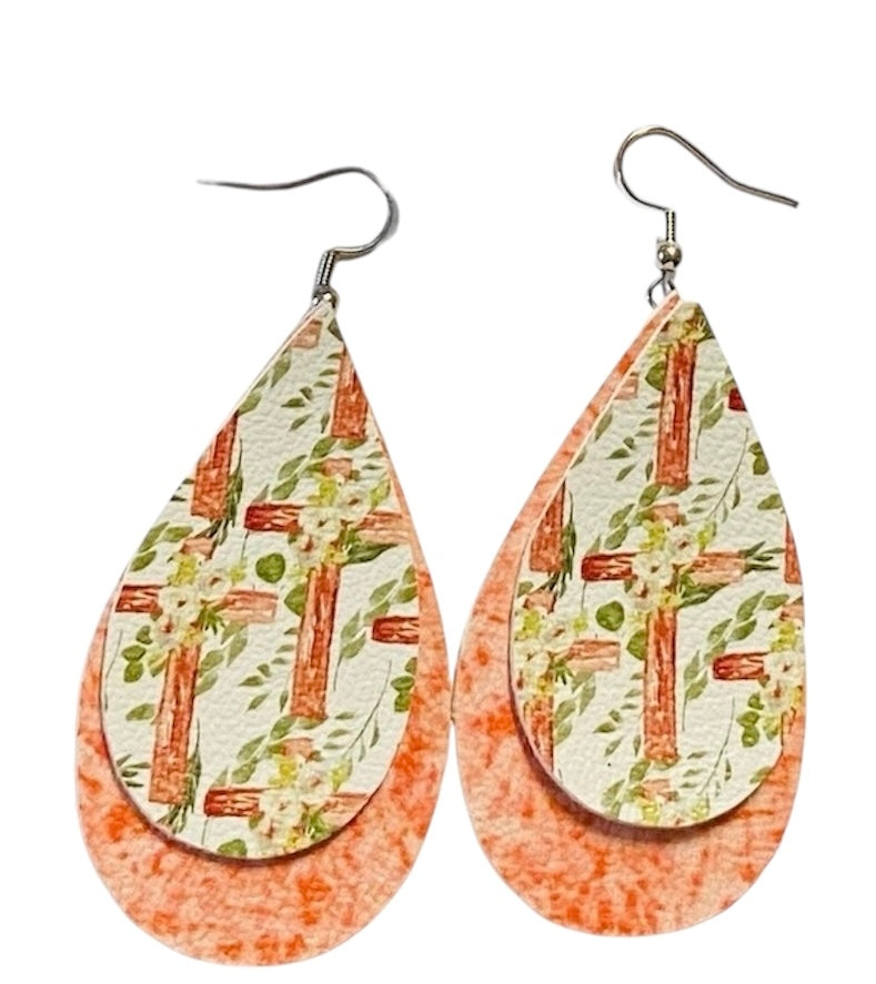 Floral Crosses Spring Stacked Tear Drop Earrings