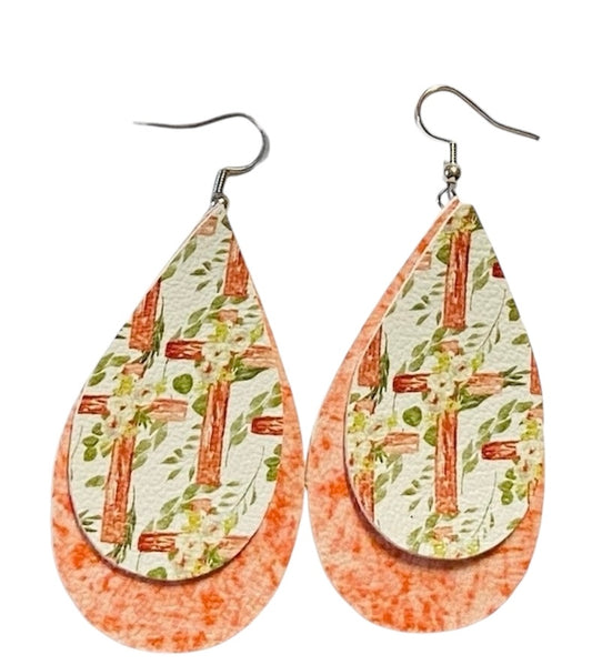 Floral Crosses Spring Stacked Tear Drop Earrings