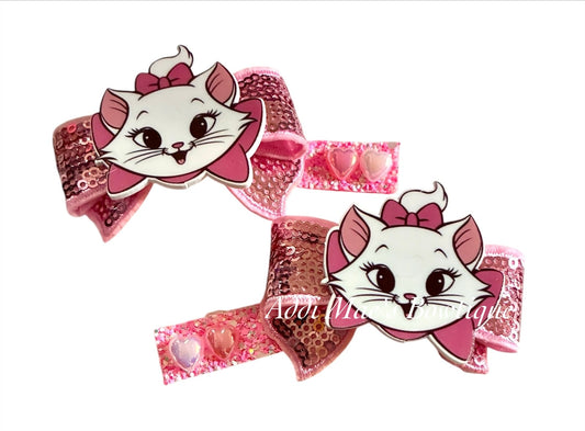 White Kitty Sequin Bow Alligator Clip Set