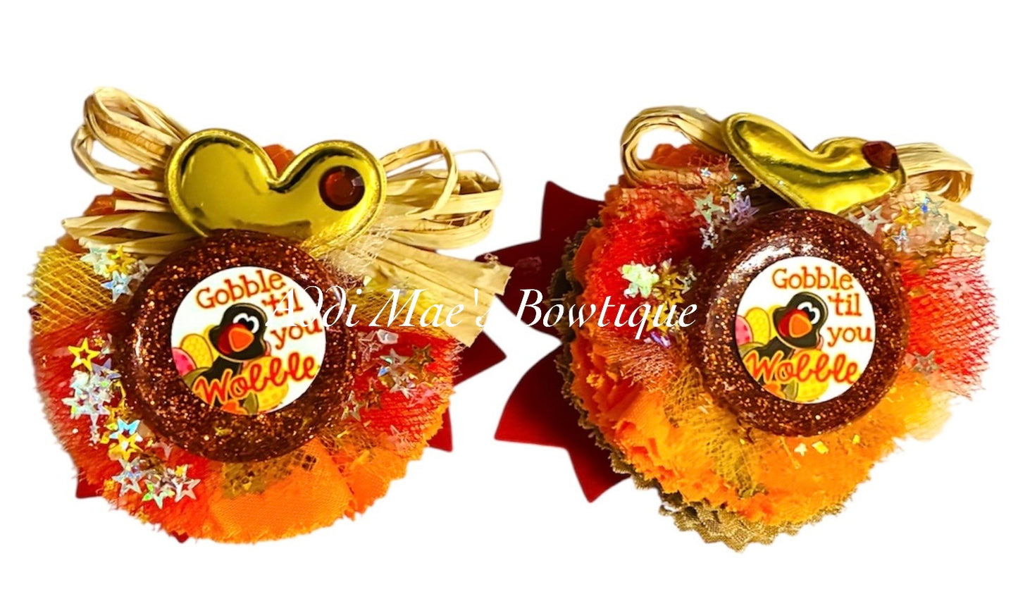 Gobble Til You Wobble  Cotton Frayed Fabric Flower Piggy Set