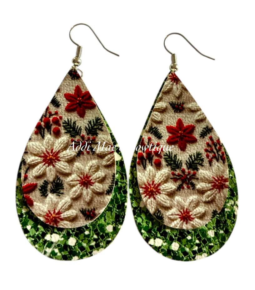 Christmas Flowers Stacked Tear Drop Earrings