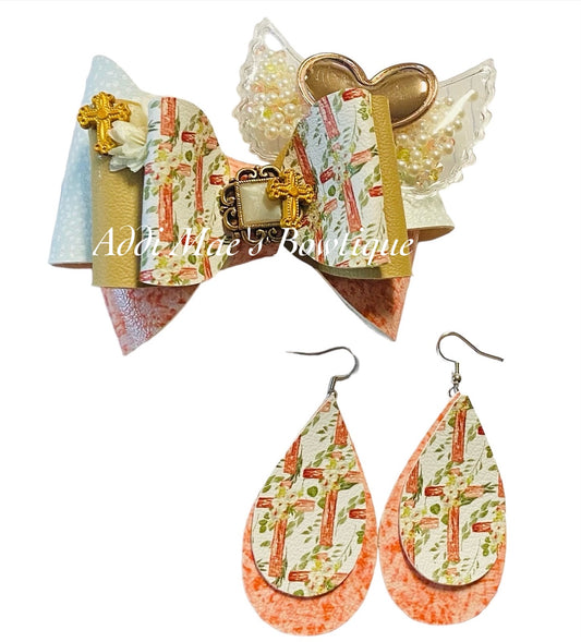 Floral Crosses Spring Bow & Earrings  Set