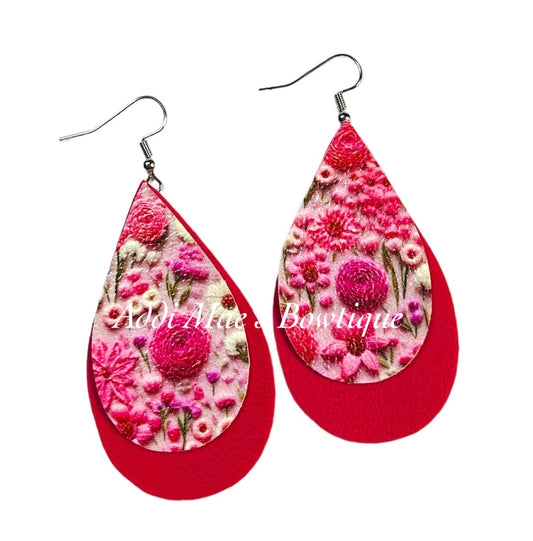 Bright Pink Flowers Stacked Tear Drop Dangle Earrings