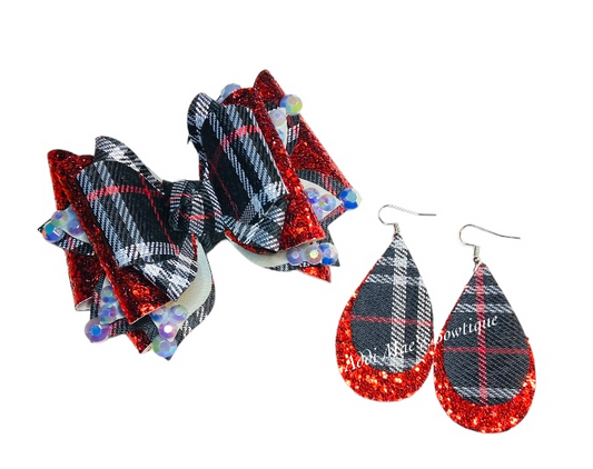 Red & Black Plaid Bow/ Earrings Set