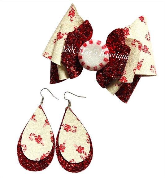 Candy Cane Peppermint Christmas Bow & Earrings Set
