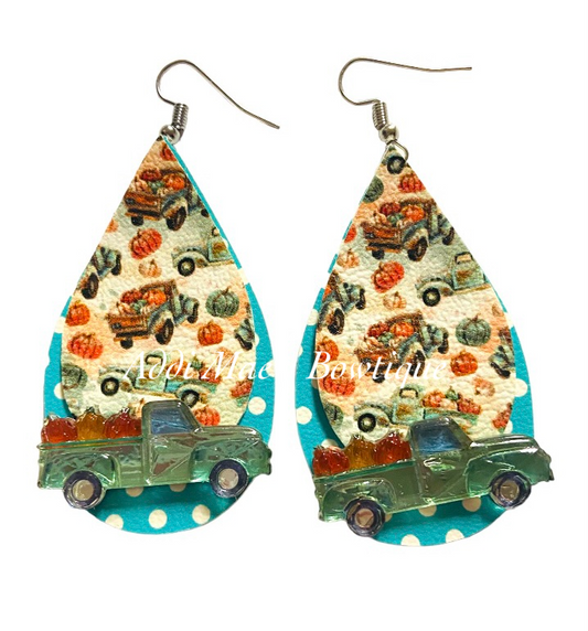 Fall Pumpkin Patch Trucks Stacked Tear Drop Dangle Earrings