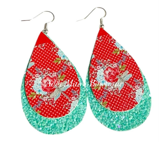Floral Dragonfly Stacked Tear Drop Dangle Earrings