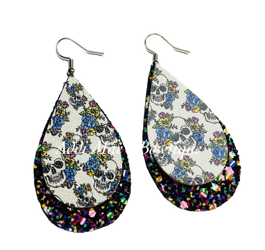Floral Skulls Stacked Tear Drop Dangle Earrings