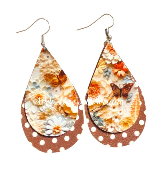 Brown Butterfly Stacked Tear Drop Dangle Earrings