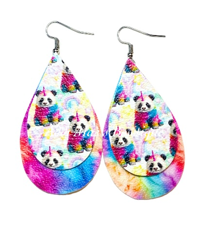 Rainbow Panda Unicorn Stacked Tear Drop Dangle Earrings