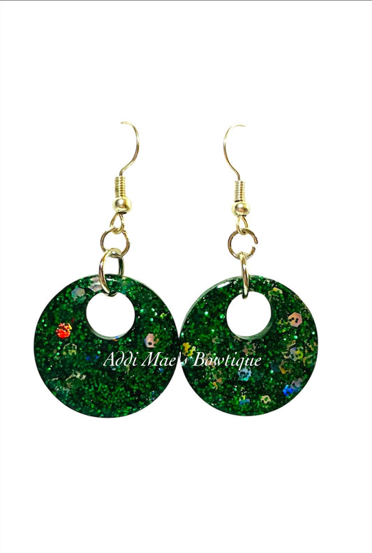 Green Glitter Resin Small Circle Dangle Earrings