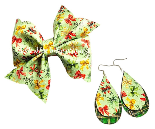 Green Christmas Ribbons Bow & Earrings Set