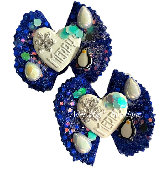 Merry Penguin Cotton Frayed Fabric Flower Piggy Set