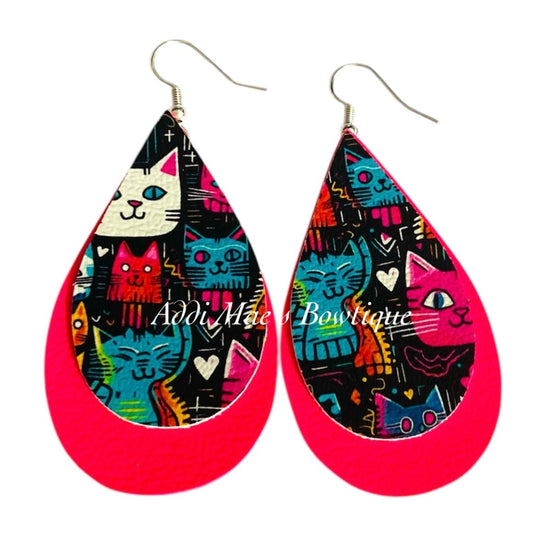 Bright Graffiti Cats Stacked Tear Drop Dangle Earrings