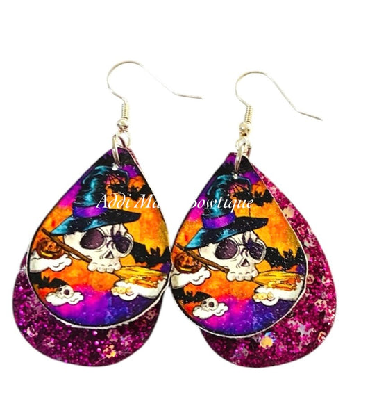 Skulls Glitter Resin & Faux Leather Halloween Dangle Earrings