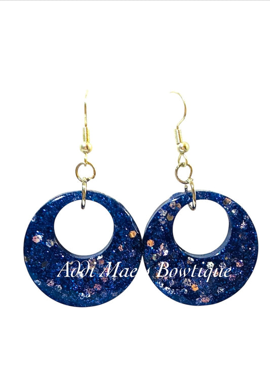 Blue Glitter Resin Medium Circle Dangle Earrings