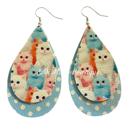 Pastel Cats Stacked Tear Drop Dangle Earrings