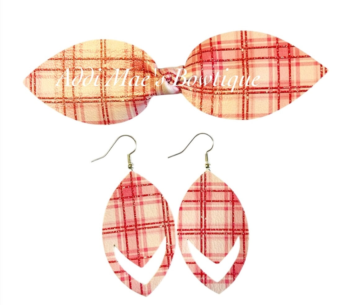 Pink Plaid Valentines Top Knot Clip, 3” Snap Clip, & Earrings Set