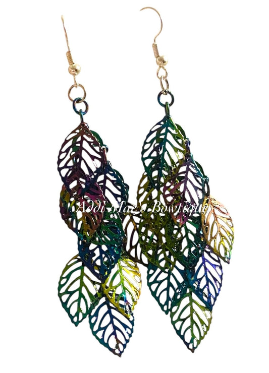 Feathers Iridescent Rainbow Metallic Dangle Earrings