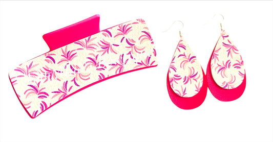 Pink Palm Leaves Summer XL Claw Clip Earring Set