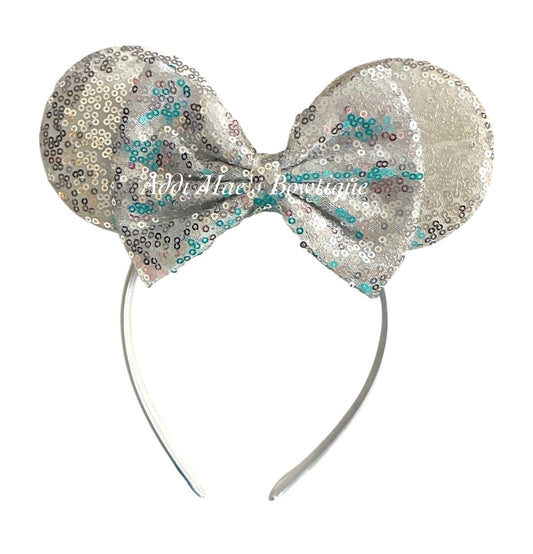 Silver Sequin Mouse Ears Satin Headband