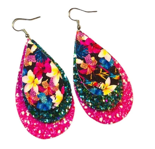 Tropical Flowers Stacked Tear Drop Earrings