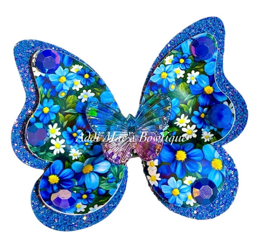 Blue Floral Butterfly Bow